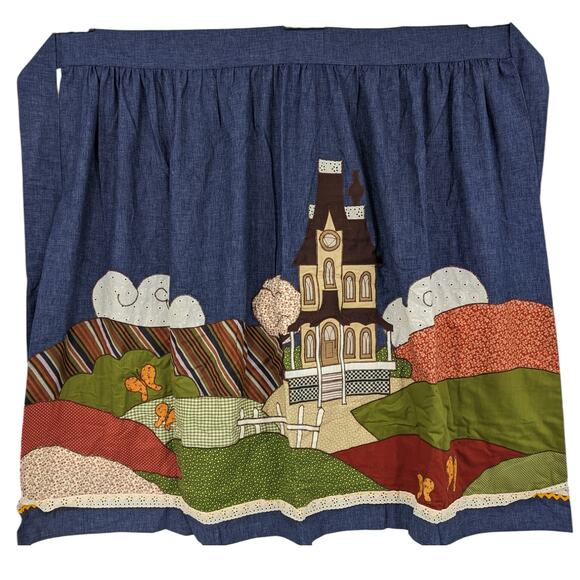 SALE Vintage Boho 1970s Handmade Wrap Skirt Appliqued Gothic House Fields Clouds - Picture 2 of 9